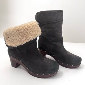 UGG Australia Lynnea Gray Suede Shearling Fold Over Cuff Wood Heel Boots Size 8